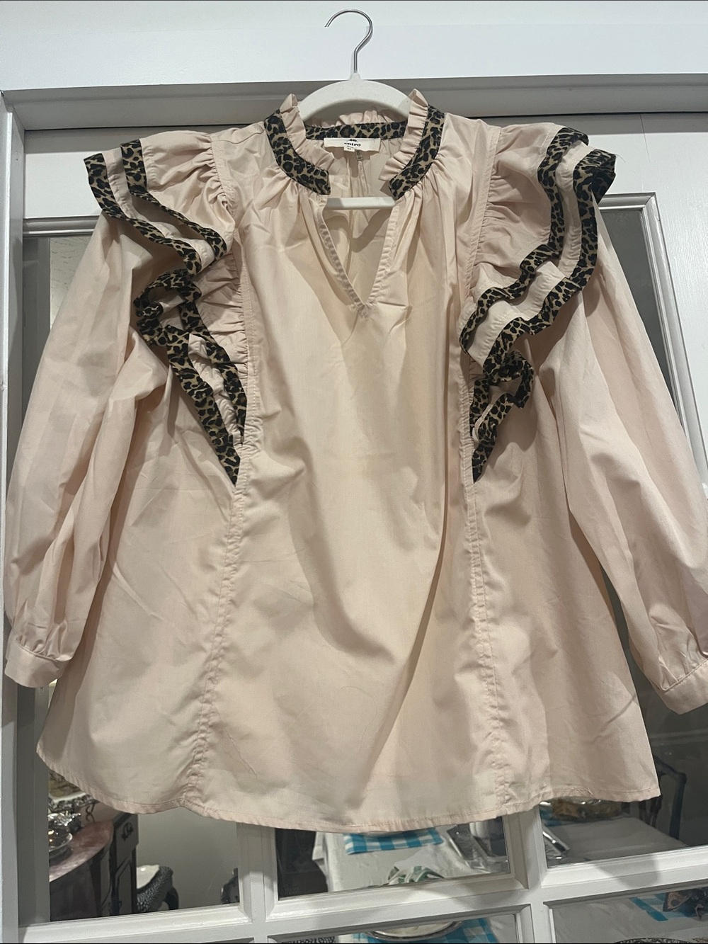 entro Pale Pink Ruffle Blouse with Leopard Trim